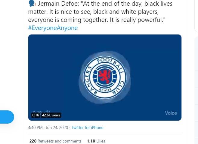 Defoe’s BLM message hammered by Ra Peepa on Rangers Twitter