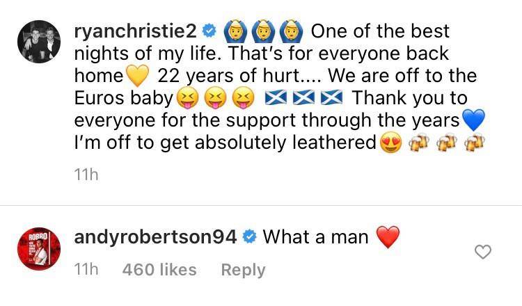 Andy Robertson responds to Celtic star on Instagram after international victory