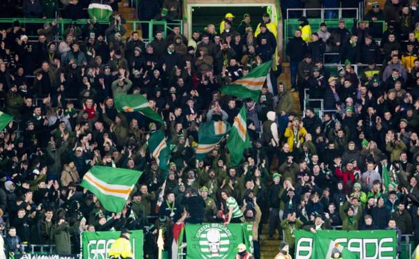 Michael Stewart reacts to the Green Brigade’s Neil Lennon banner at Celtic Park