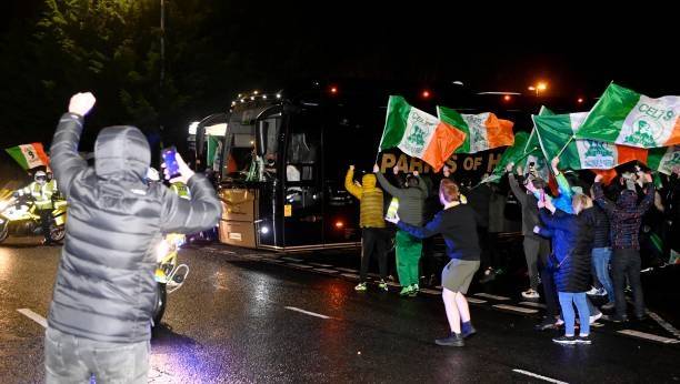 Photo: Team bus leaves Hampden with fans there to pay tribute to Quadruple Treble winners