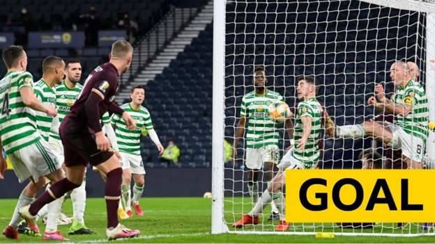 Scottish Cup final: Stephen Kingsley’s header crosses the line to pull Hearts level with Celtic at Hampden.