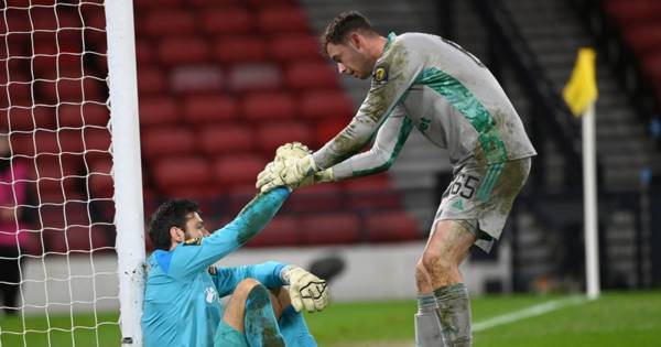 Celtic keeper Conor Hazard embraces mentor Craig Gordon in emotional photos