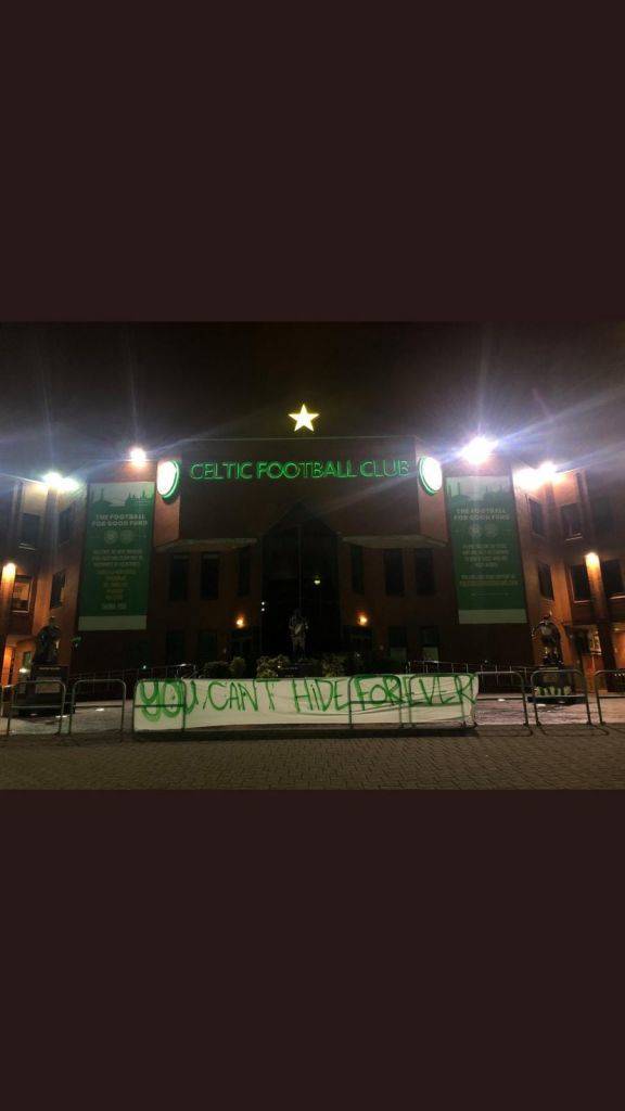 Photo: You Can’t Hide Forever – late night banner appears outside Celtic Park