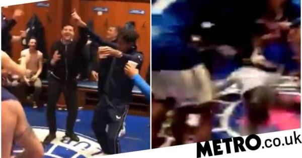 Steven Gerrard dives on floor during Rangers dressing room celebrations