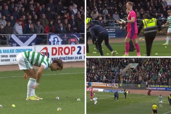 Celtic fans boo Remembrance Day minute’s silence and throw tennis balls onto pitch during Dundee clash