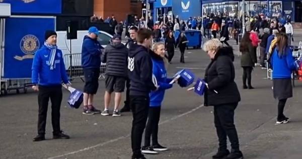 Rangers hand out ‘O** F***’ flags at fan village ahead of Celtic as unseen derby branding emerges