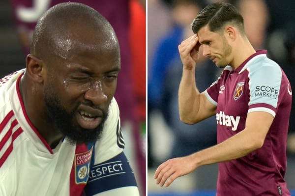 Moussa Dembele gives Aaron Cresswell a wink after getting West Ham star sent off in Europa League clash