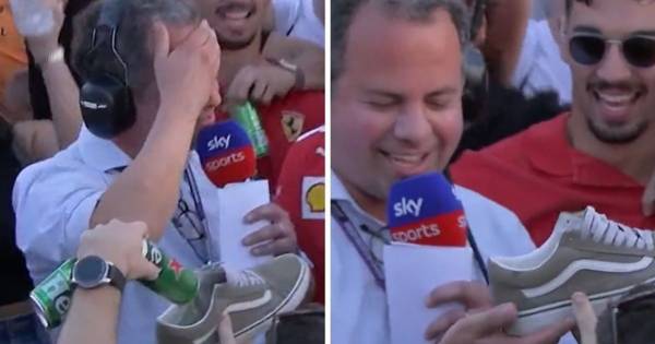 F1 pundit Ted Kravitz swigs beer from Celtic fan’s shoe as he delights Australian GP crowd