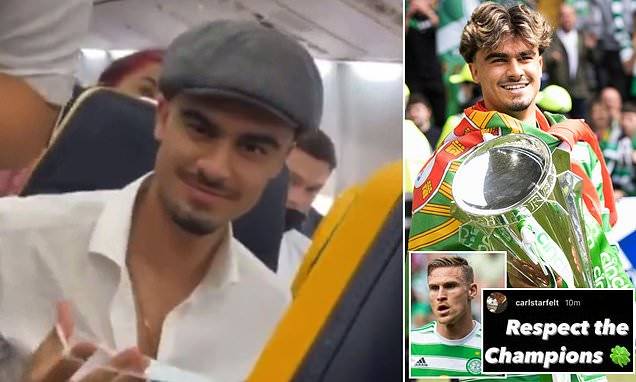 Celtic: Carl Starfelt hits back at Rangers fans after he and team-mate Jota are trolled on a flight