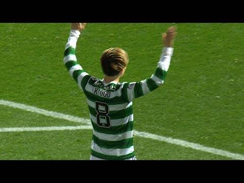 Kyogo Furuhashi dancing with Celtic fans after Premier Sports Cup win over Motherwell