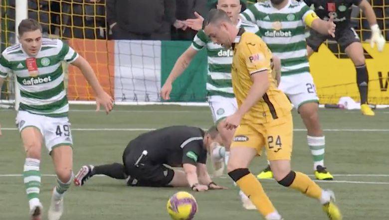 Video: Brilliant – Willie Collum sent flying by Celtic’s Aaron Mooy