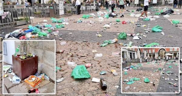 Celtic fans leave Madrid’s Plaza Mayor looking like rubbish dump after European clash