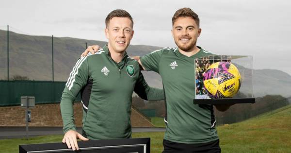 James Forrest presented special Celtic top by Callum McGregor to mark 100 goal milestone