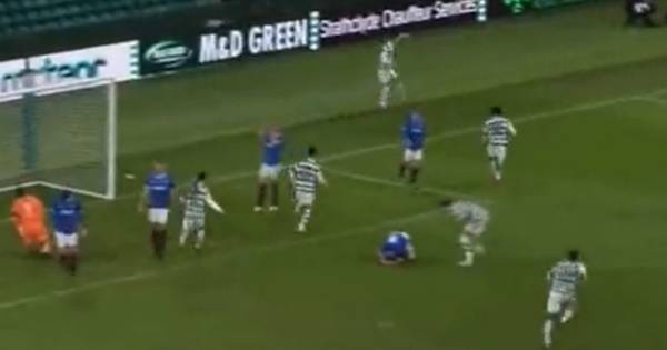 Rocco Vata celebrates Celtic goal as he rips into Rangers’ Charlie McCann after og