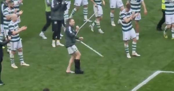 Moment Alistair Johnston joined Celtic party in moon boot as he waved crutches in air