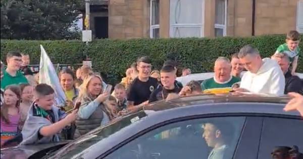 Alistair Johnston mobbed by Celtic fans ‘doing Huddle’ down London Road after title party