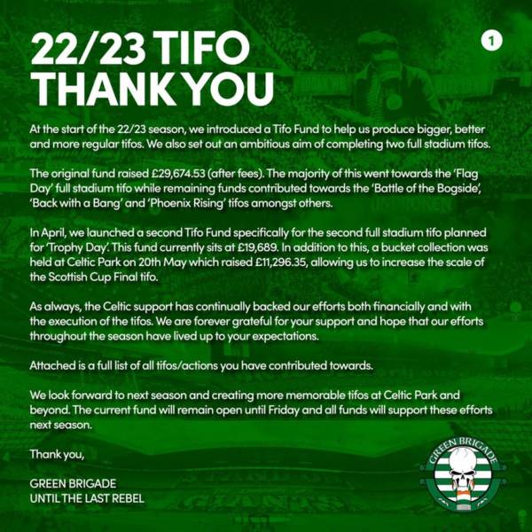 Green Brigade Thank Celtic Support For Tifo Funds Throughout Last Season