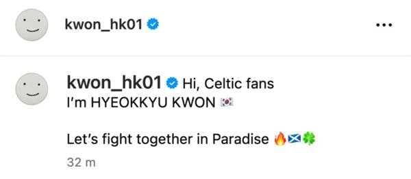 Short but sweet; Hyeokkyu Kwon sends first online message to the Celtic support