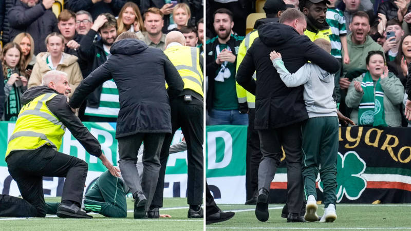 Celtic fans hail Brendan Rodgers as manager storms onto pitch to ‘rescue’ young pitch invader tackled by stewards