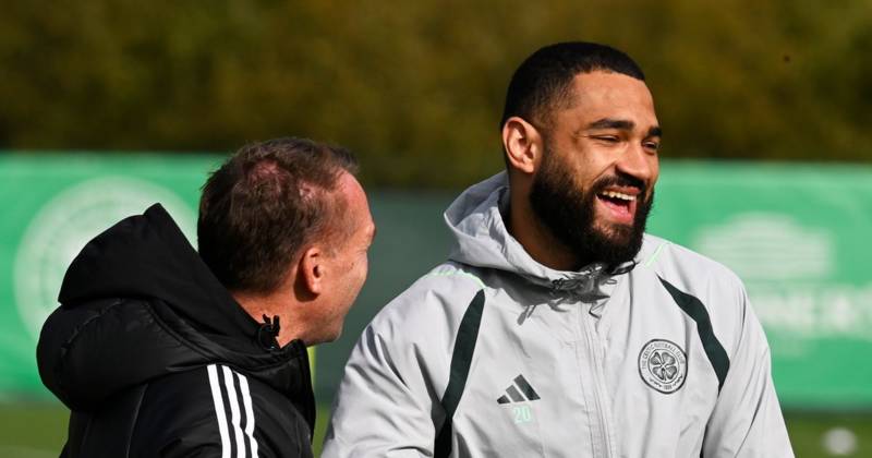 Cameron Carter Vickers pictured in Celtic training as Brendan Rodgers all smiles with returning defender