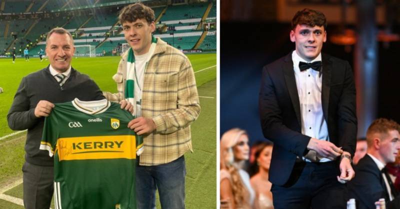 David Clifford Presents Signed Kerry Jersey To Brendan Rodgers At Parkhead