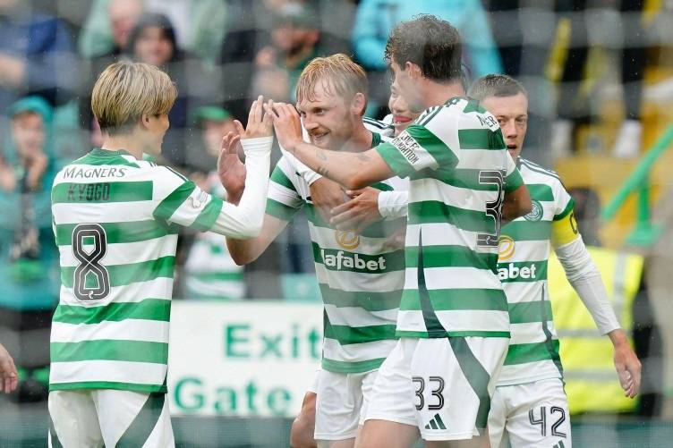 Liam Scales hits the net as Celtic begin Premiership title defence in style