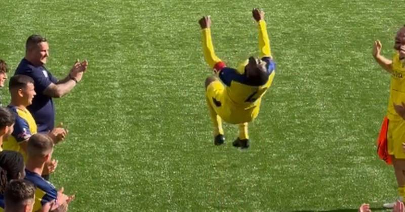 Efe Ambrose performs trademark backflip at guard of honour after former SPFL star calls it quits at Bury