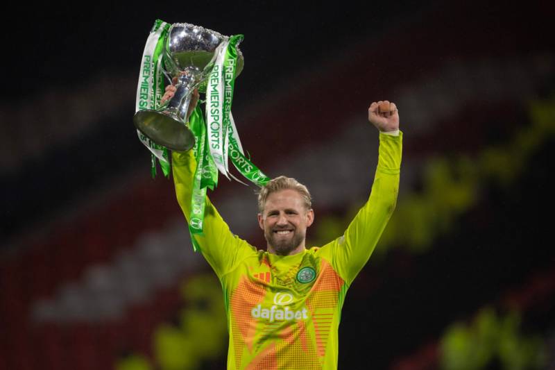 Kasper Schmeichel reacts to Jack Butland taking a penalty for Rangers against Celtic