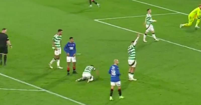 Unseen furious Greg Taylor finger pointing at Celtic teammate after Rangers howler as fans assign true blame for goal