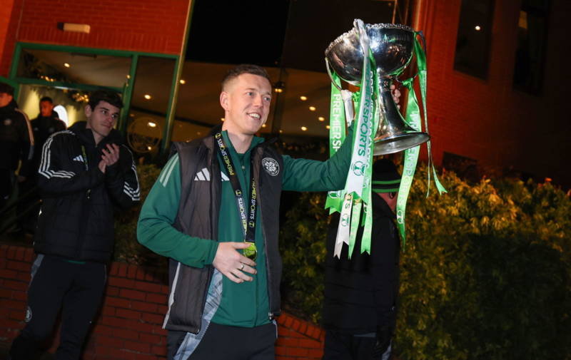 Watch as Callum McGregor parades the League Cup outside Celtic Park