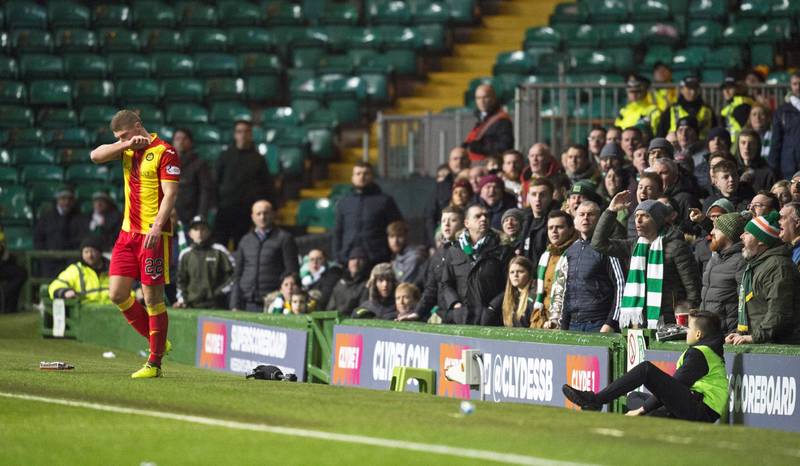 Alan Archibald defends Partick Thistle’s Gary Fraser after booting ball into Celtic crowd