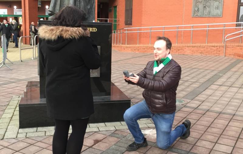 Celtic Fan Pops the Question in Front of Brother Walfrid Statue Before Game v Aberdeen