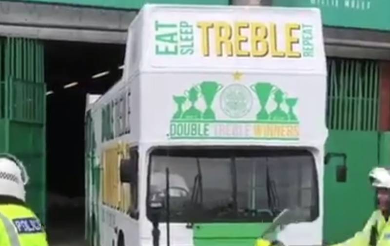 Video: Celtic’s Double Treble Double Decker Bus Leaves Celtic Park to Pick Up Players